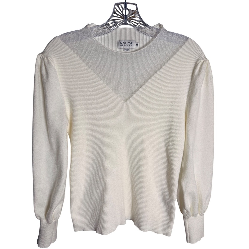 Molly Bracken Ribbed Puff Sleeve Sweater Women M Ivory Viscose Blend LA1838DN